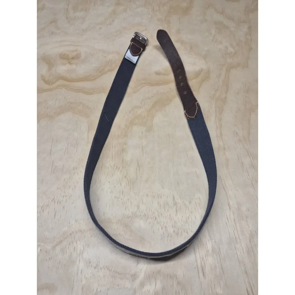 J.Crew Men’s 38 Fish Trout Embroidered Canvas & Leather Belt Navy/Brown Silver